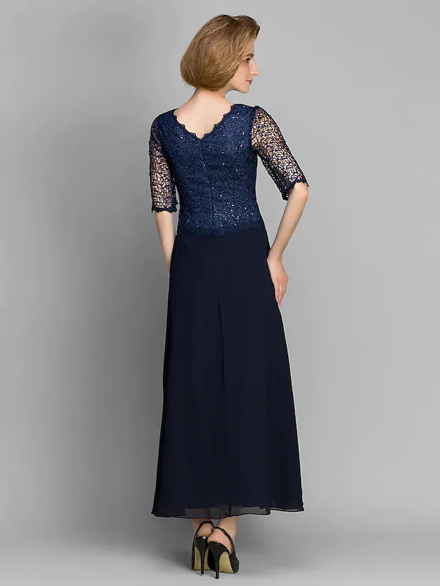 Wholesale Mother of the Bride Dress See Through Jewel Neck Ankle Length Chiffon Half Sleeve with Lace Pleats